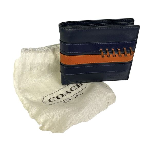 COACH 3 in 1 Wallet Navy Blue Men Bi-Fold Leather Baseball Football Stitch Bag - Picture 1 of 10